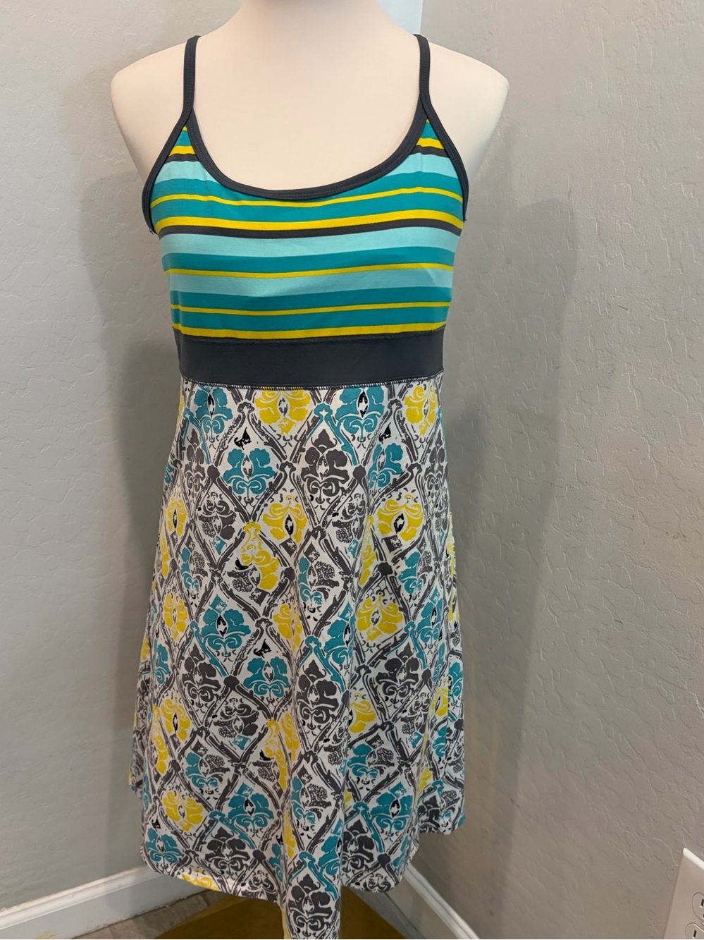 Striped Tank & Patterned Skater Dress in Teal, Yellow, and Gray